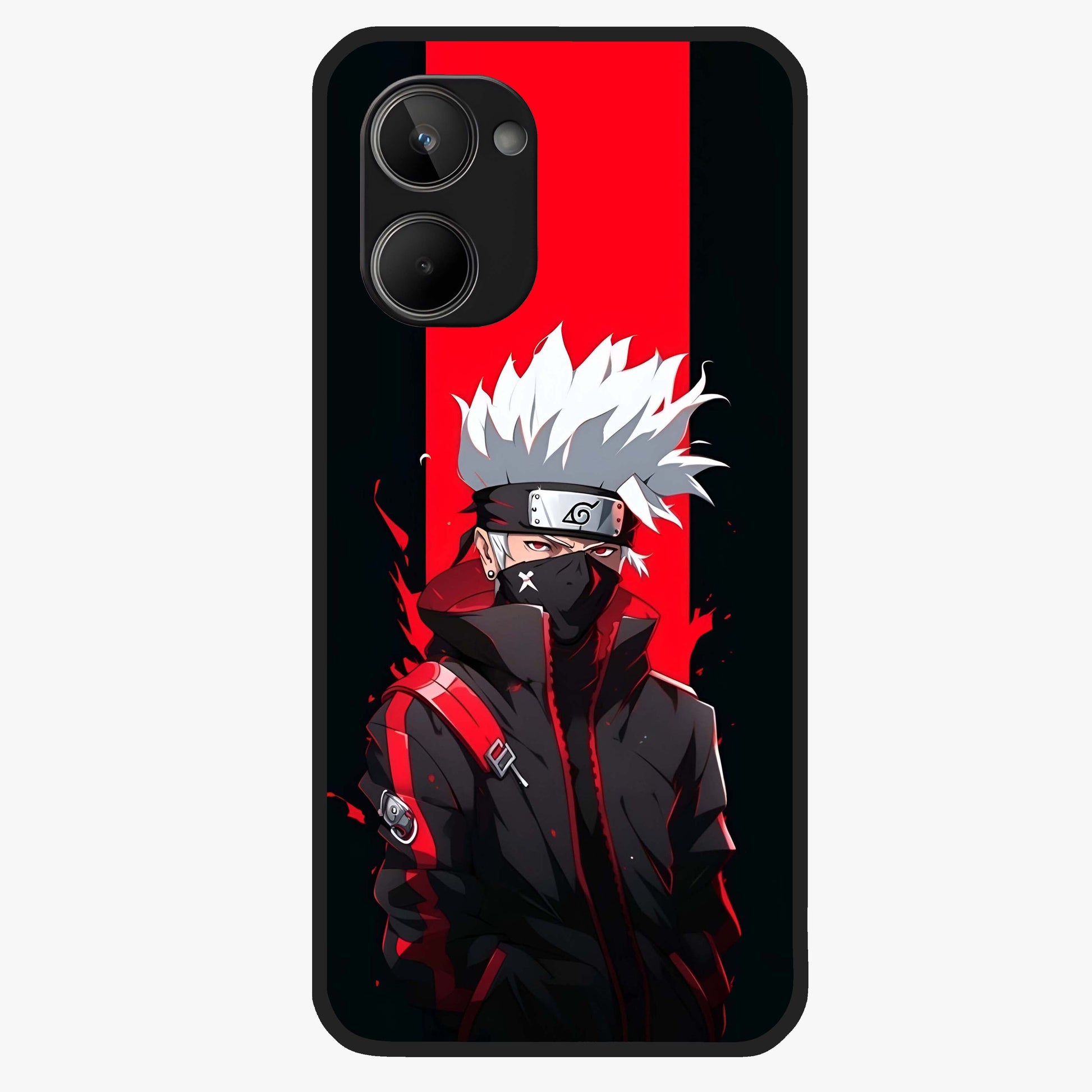 Kakashi Scarlet Shadow Glass Case showing flat back view with powerful anime ninja artwork and glossy glass finish.