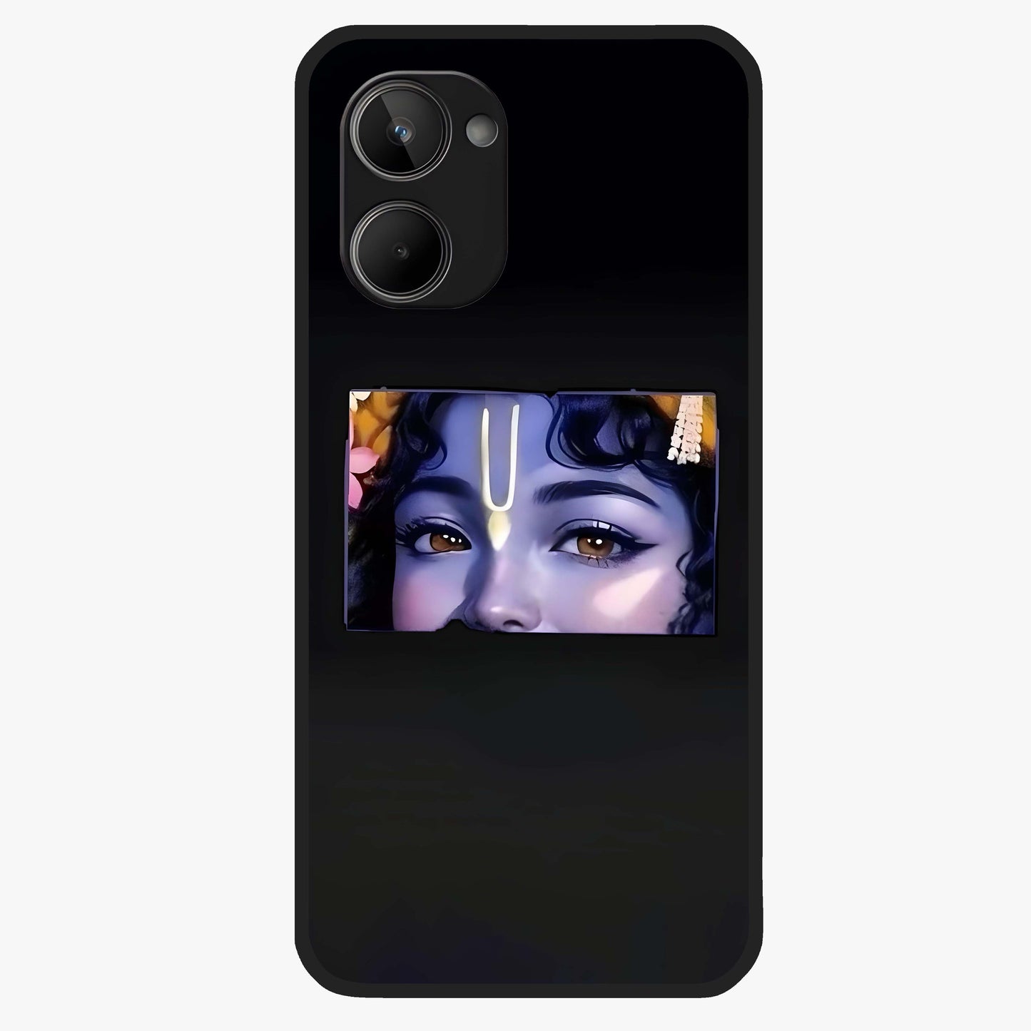 Krishna Divine Embrace Glass Case showing flat back view with Lord Krishna devotional artwork and glossy glass finish.