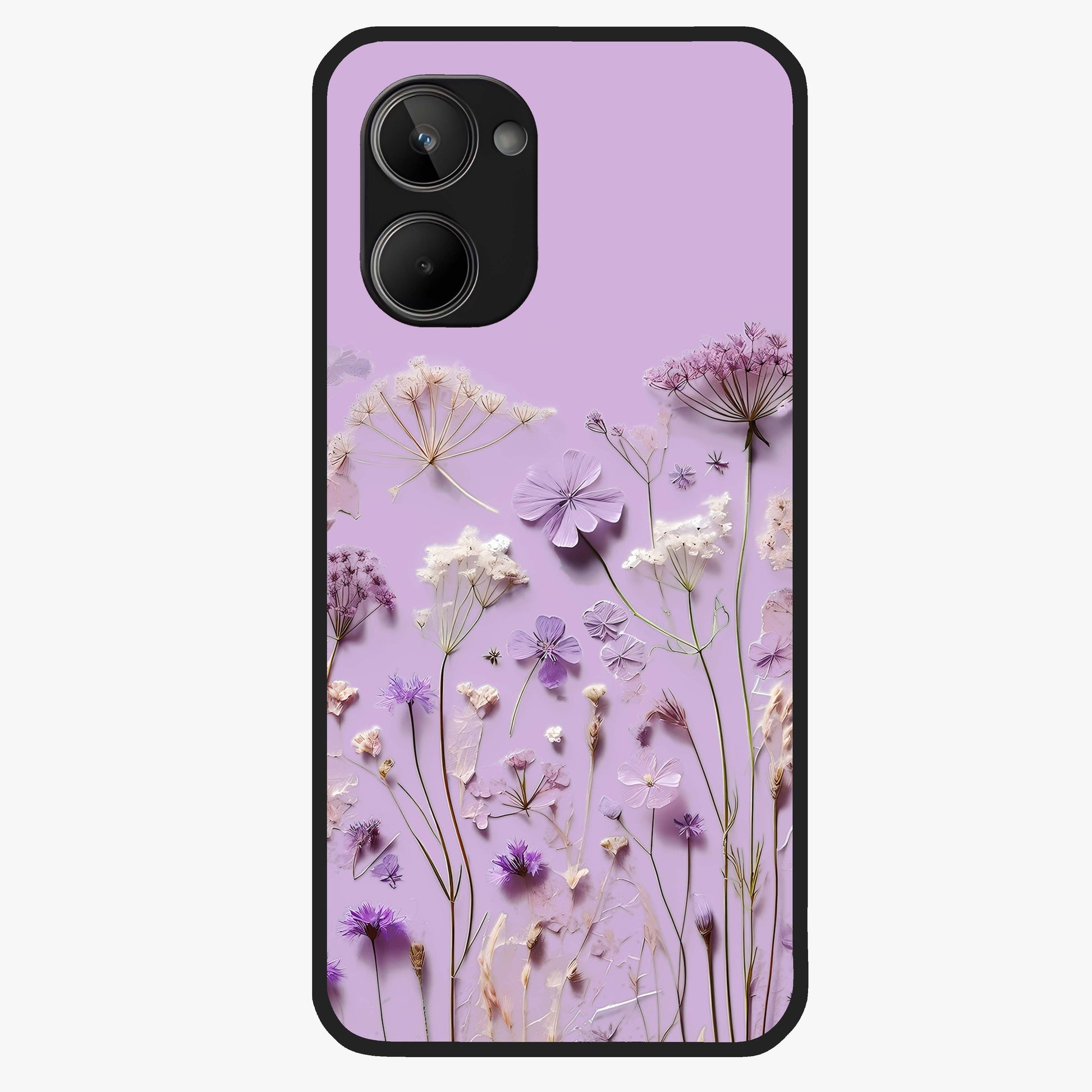 Lavender Blossom Dream Glass Case showing flat back view with soft lavender floral artwork and glossy glass finish.