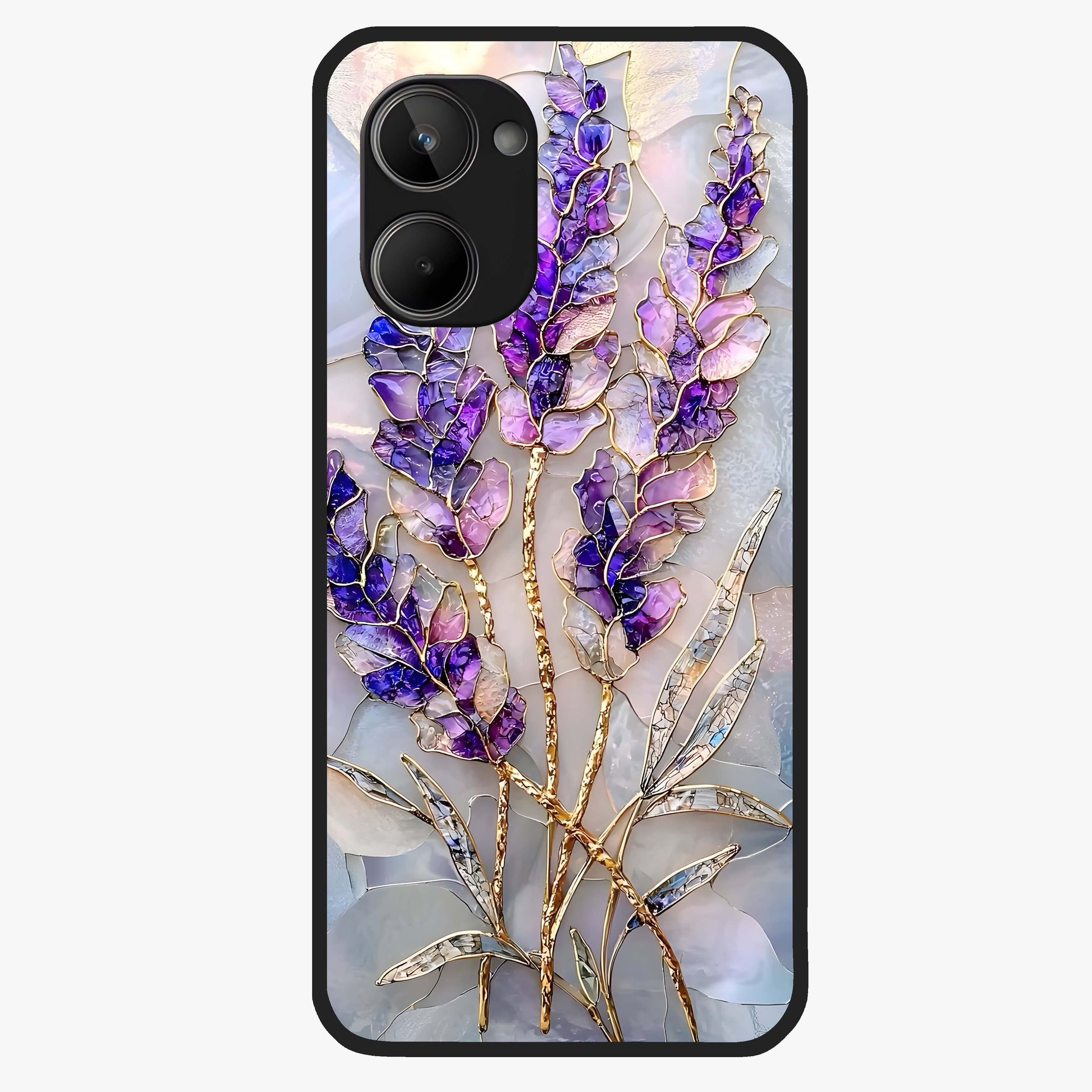 Lavender Dream Glow Glass Case showing flat back view with glowing lavender aesthetic artwork and glossy glass finish.