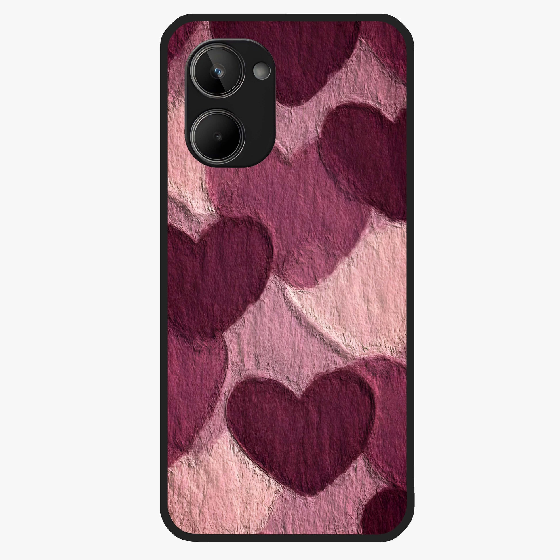Layered Paper Hearts Glass Case showing flat back view with layered paper heart artwork and glossy glass finish.