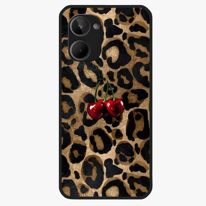 Leopard Wild Cherry Glass Case showing flat back view with leopard pattern and cherry artwork and glossy glass finish.