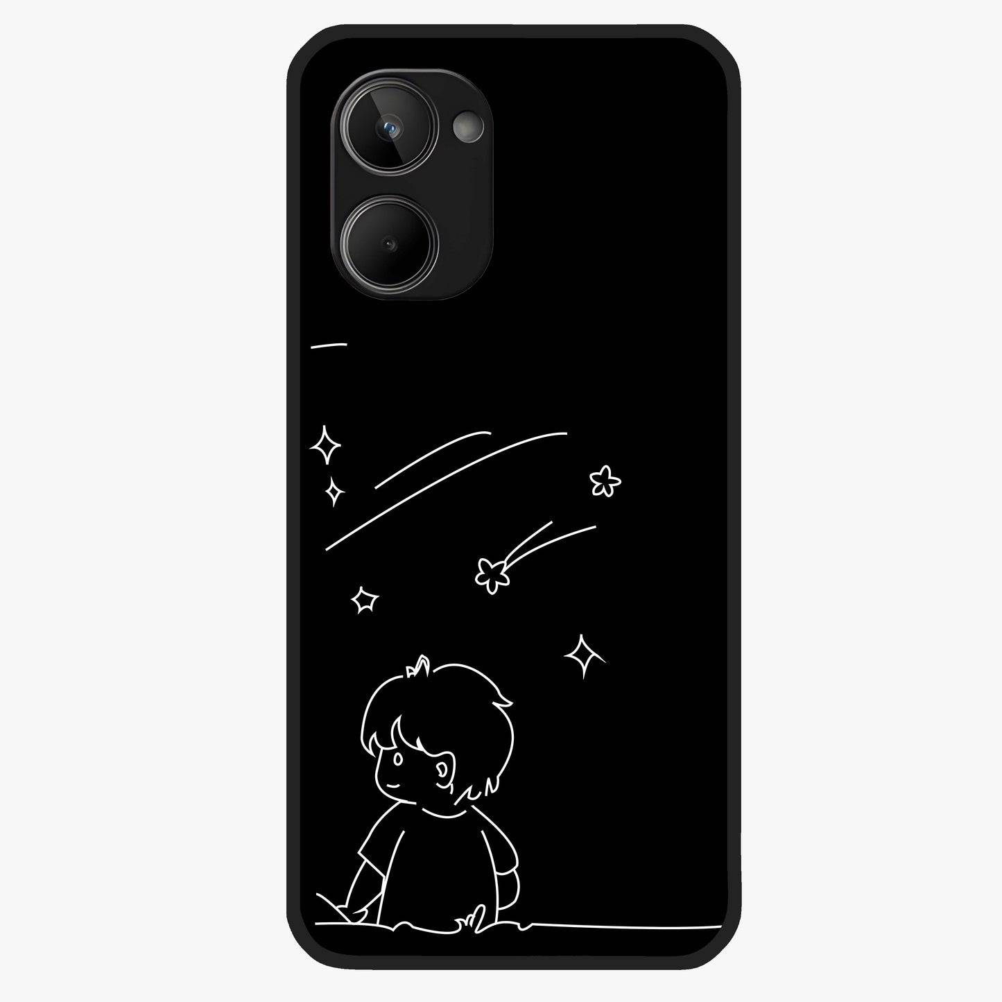 Line Art Boy With Shooting Stars Glass Case showing flat back view with minimal line art boy and shooting stars illustration and glossy glass finish.