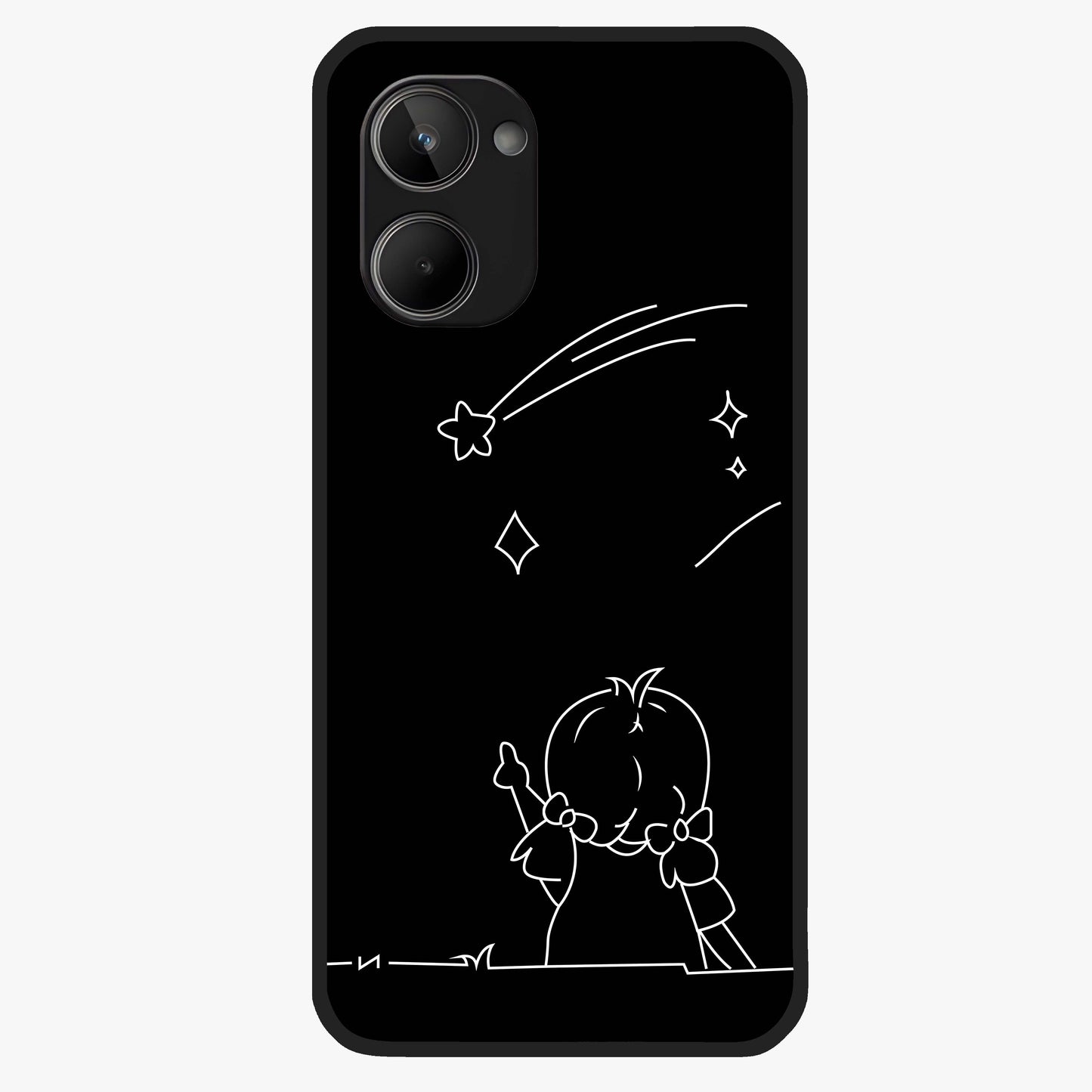 Line Art Girl With Shooting Stars Glass Case showing flat back view with minimal line art girl and shooting stars illustration and glossy glass finish.
