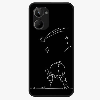 Line Art Girl With Shooting Stars Glass Case showing flat back view with minimal line art girl and shooting stars illustration and glossy glass finish.