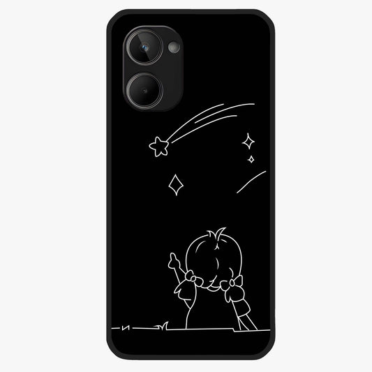 Line Art Girl With Shooting Stars Glass Case showing flat back view with minimal line art girl and shooting stars illustration and glossy glass finish.