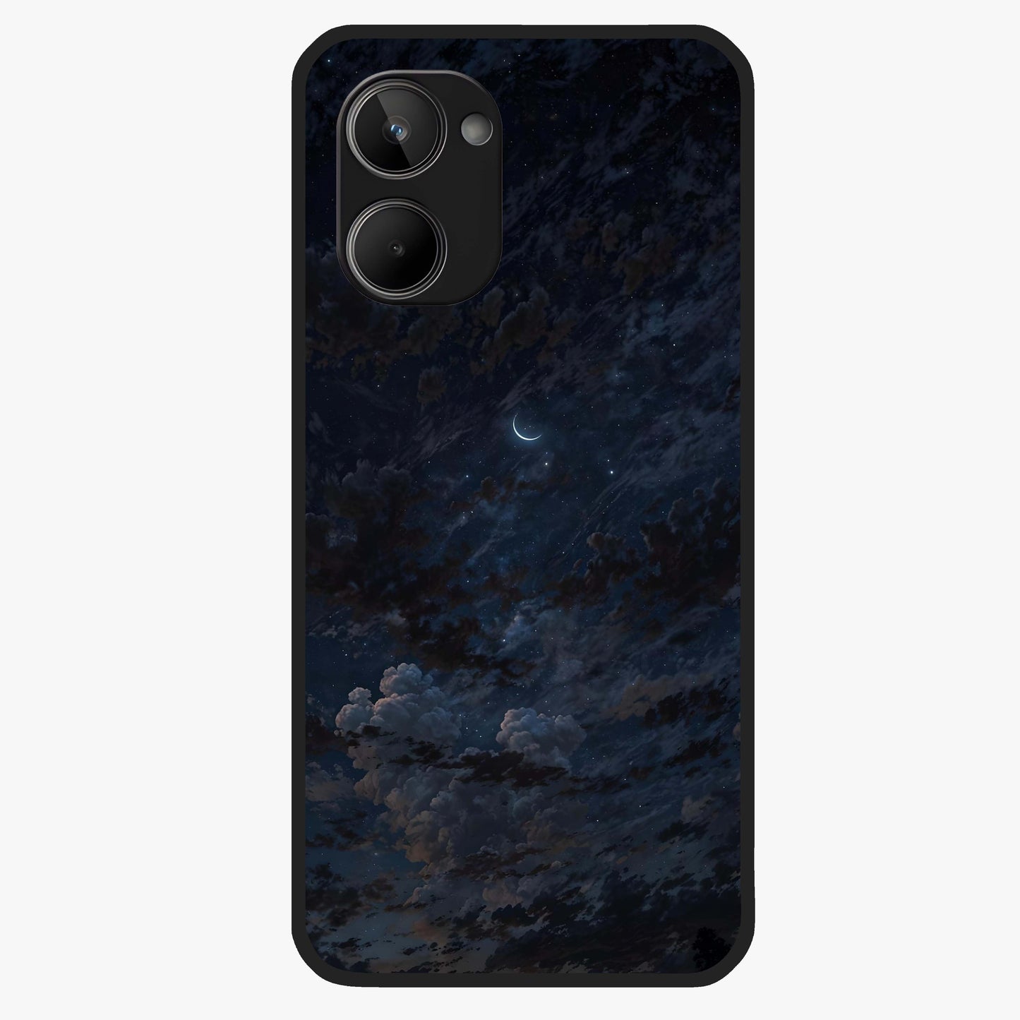 Lunar Veil Silence Glass Case showing flat back view with mystical moon veil artwork and glossy glass finish.