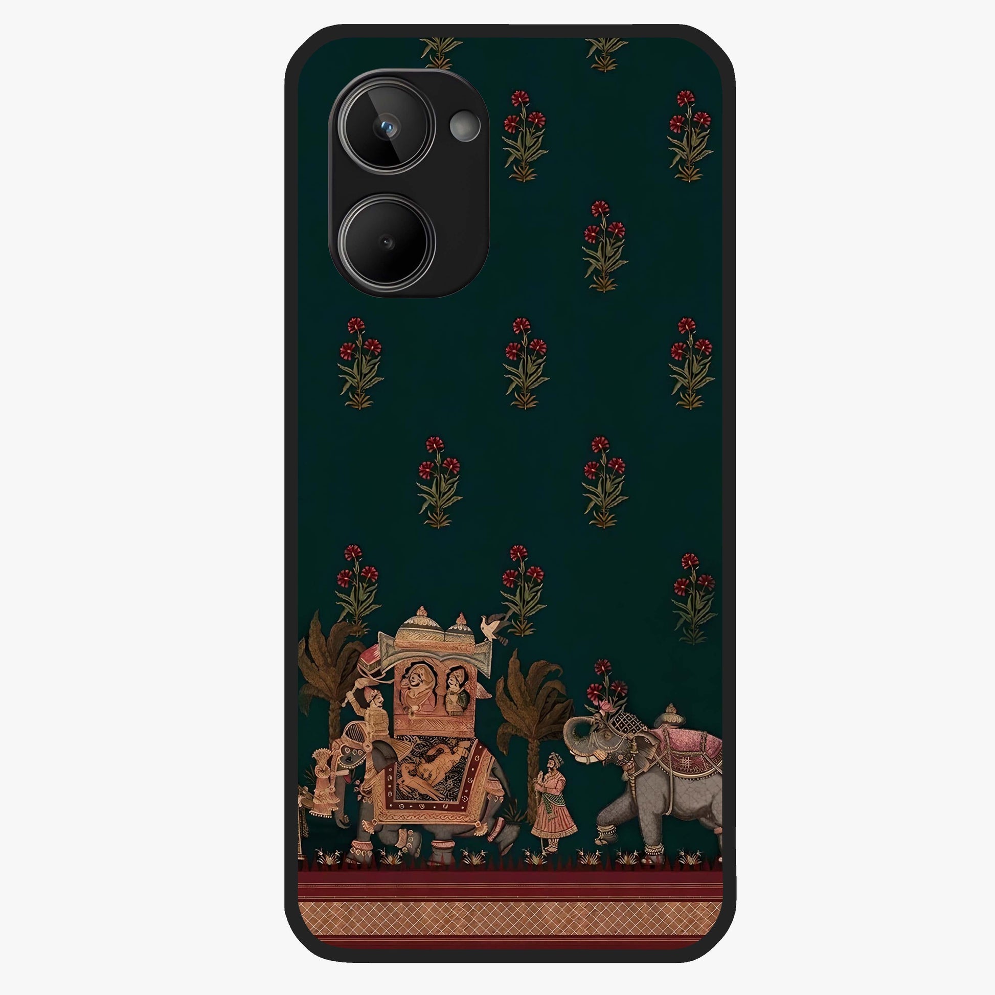 Macmerise Glass Case showing flat back view with stylish modern artwork and glossy glass finish.