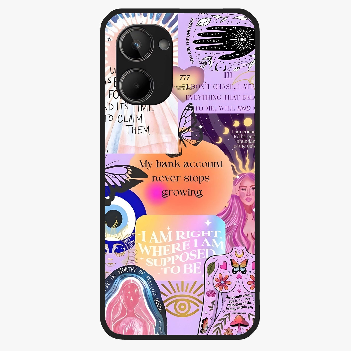 Manifestation Collage Glass Case showing flat back view with motivational collage artwork and glossy glass finish.
