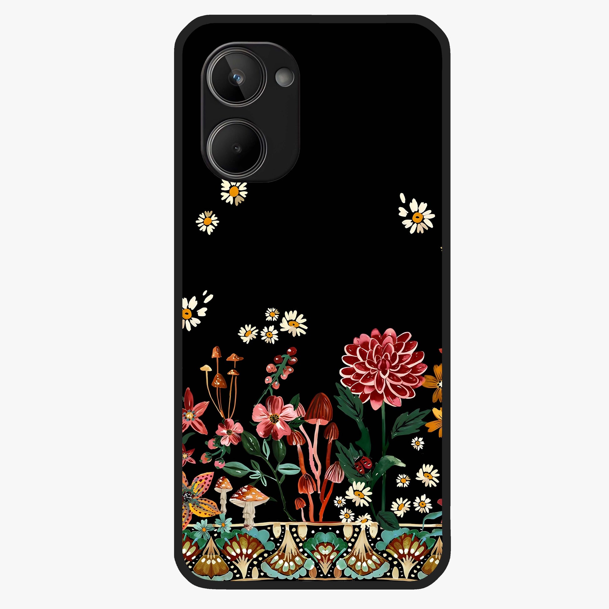 Midnight Bloom Pattern Glass Case showing flat back view with dark floral pattern artwork and glossy glass finish.
