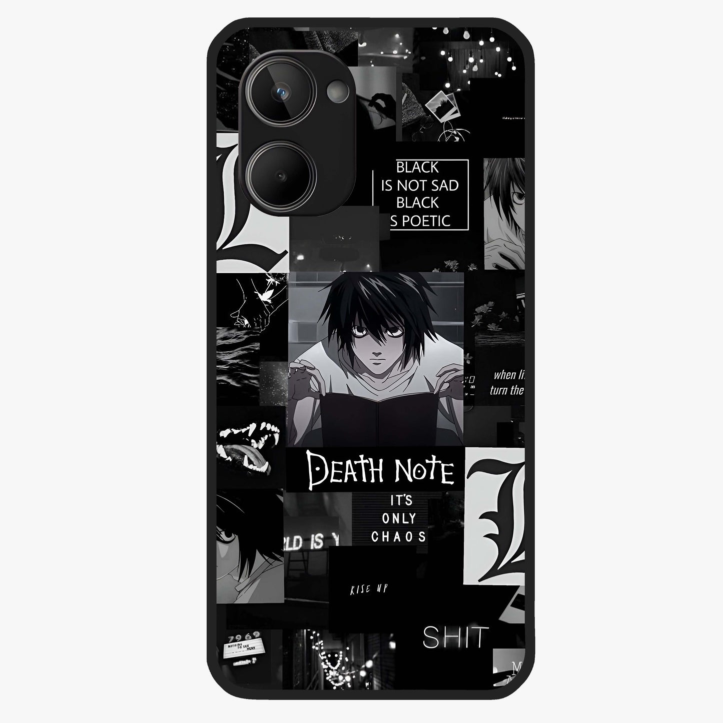 Midnight Chaos Mind Glass Case showing flat back view with abstract dark themed artwork and glossy glass finish.