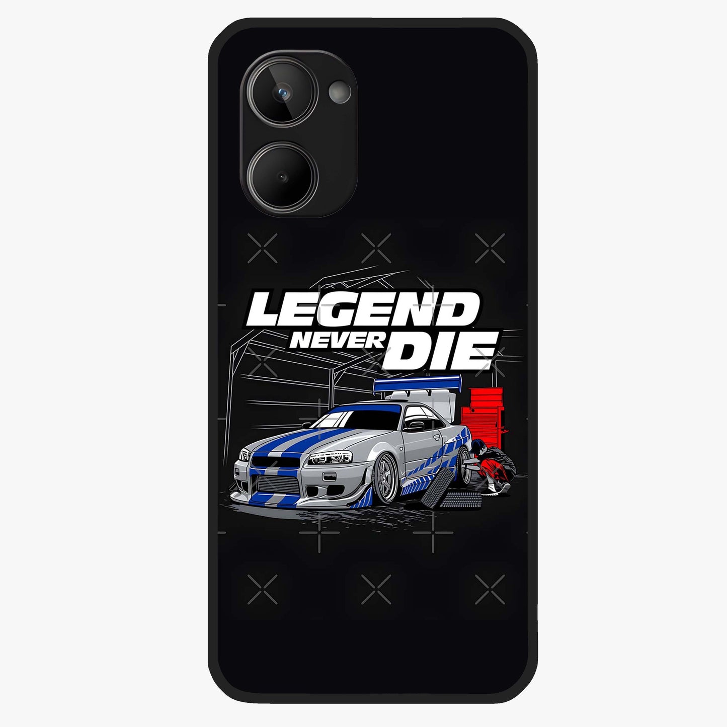 Midnight Racing Legacy Glass Case showing flat back view with sleek racing inspired artwork and glossy glass finish.