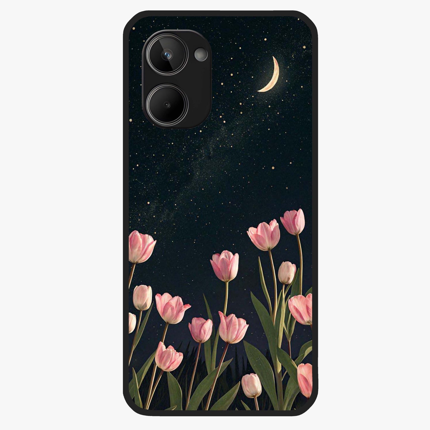 Midnight Tulip Whispers Vibe Glass Case showing flat back view with elegant tulip flower artwork and glossy glass finish.