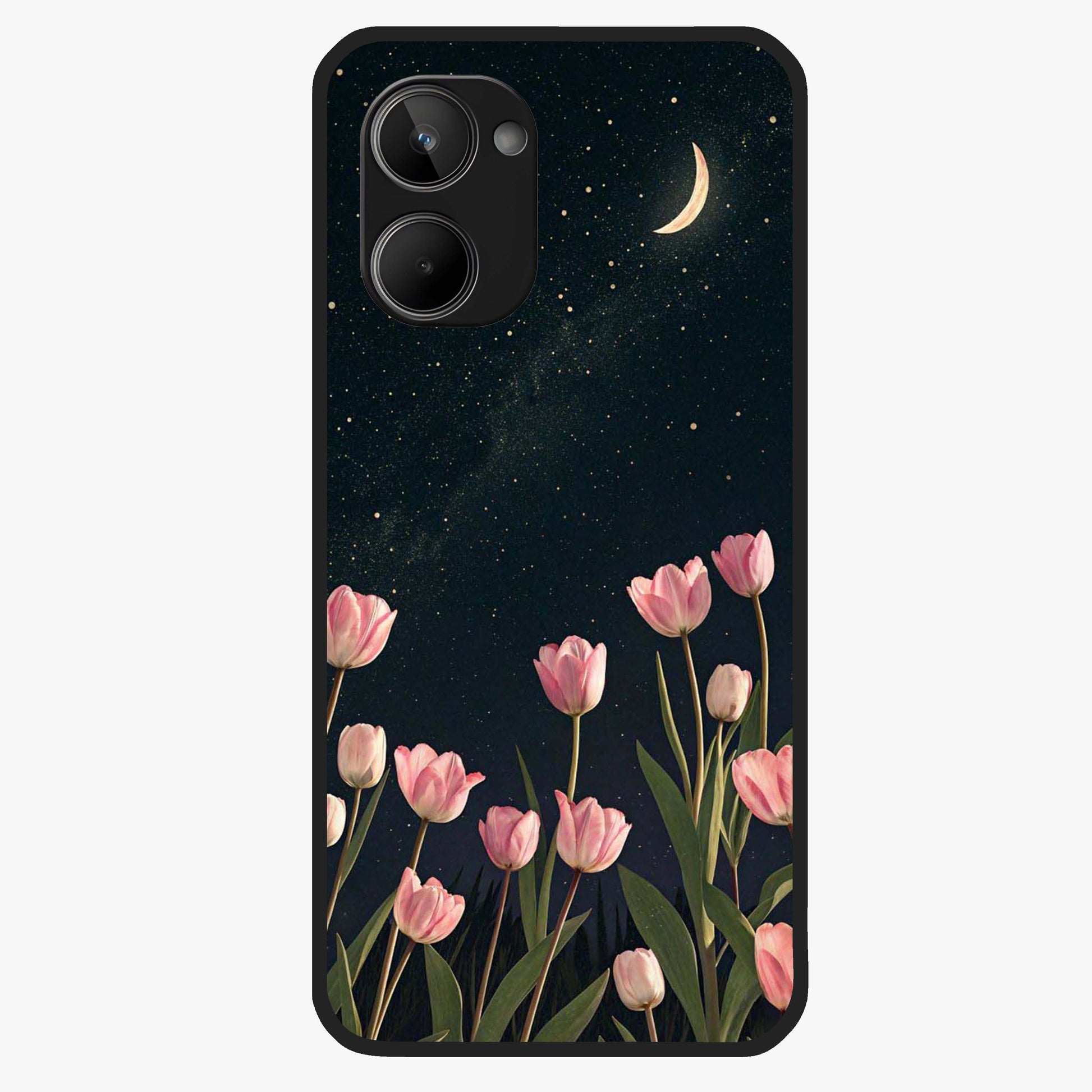 Midnight Tulip Whispers Vibe Glass Case showing flat back view with elegant tulip flower artwork and glossy glass finish.