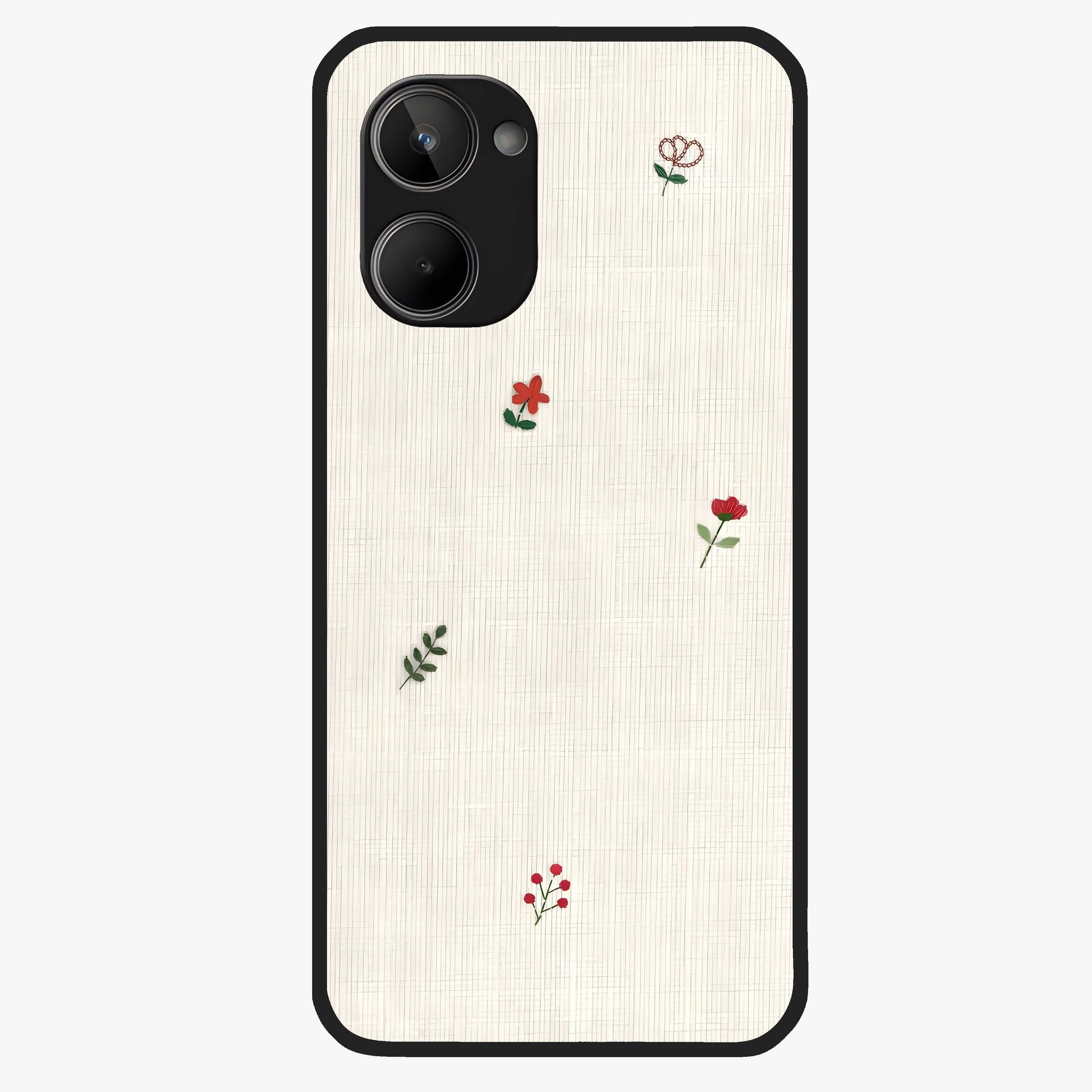 Minimal Petal Whispers Glass Case showing flat back view with soft minimal floral artwork and glossy glass finish.