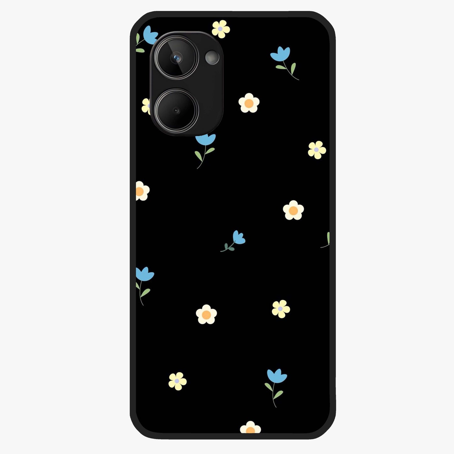 Minimalistic Blue With White Flower Pattern Glass Case showing flat back view with blue background and white flower pattern and glossy glass finish.