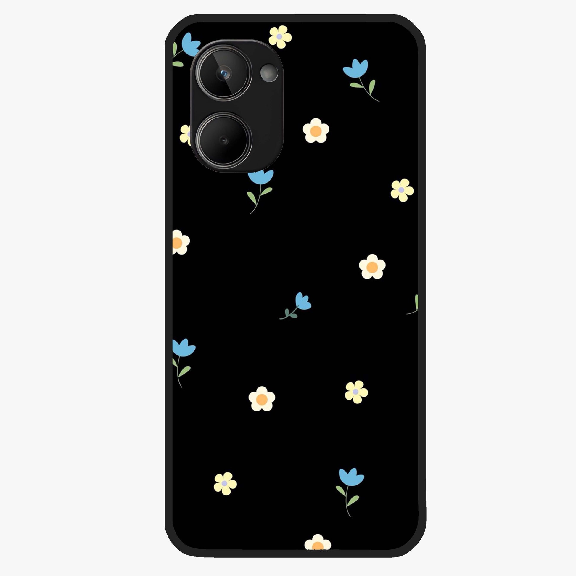 Minimalistic Blue With White Flower Pattern Glass Case showing flat back view with blue background and white flower pattern and glossy glass finish.