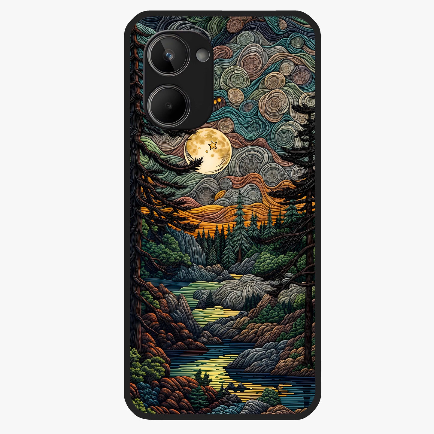 Moonlight Forest Dream Glass Case showing flat back view with mystical forest moonlight artwork and glossy glass finish.