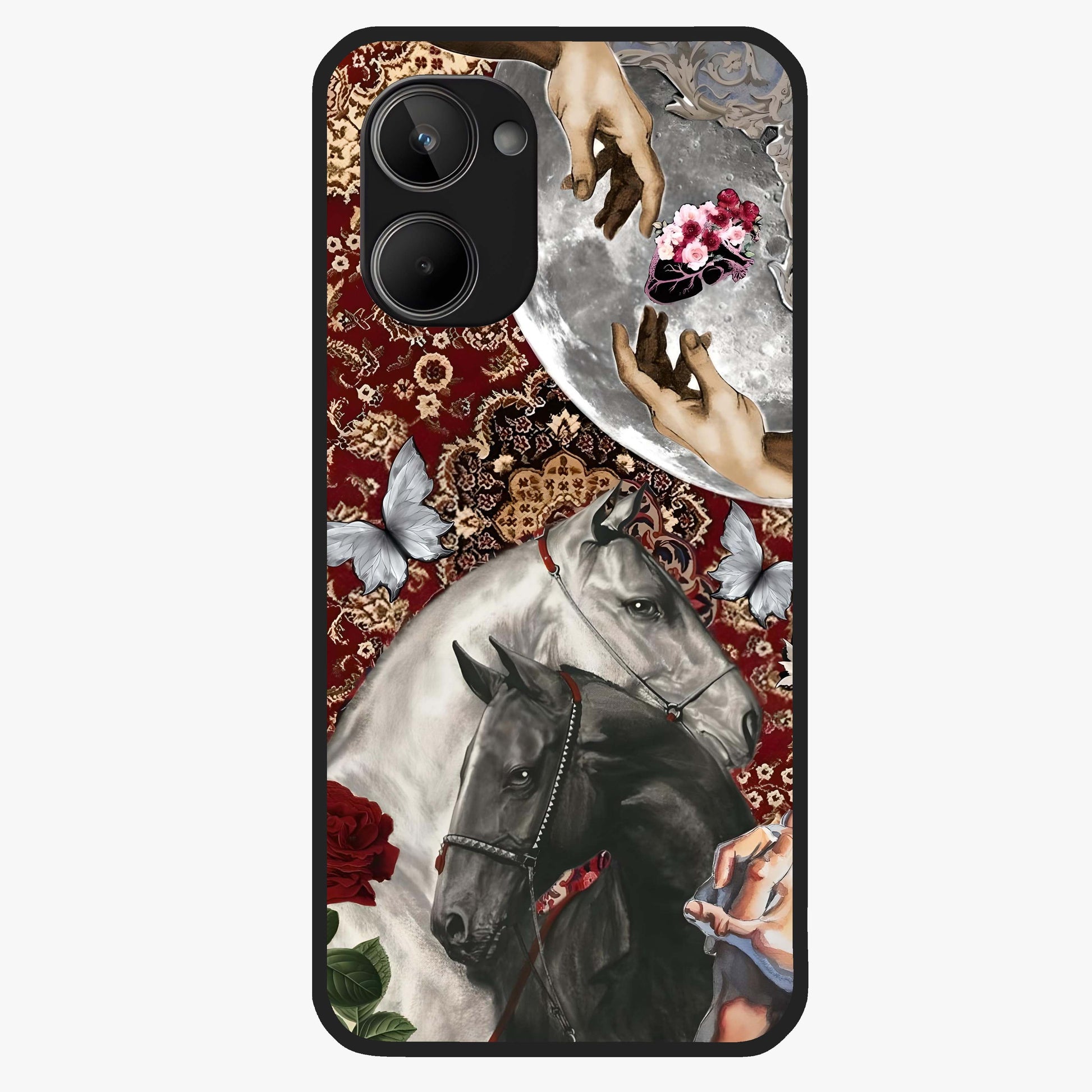 Moonlit Royal Stallion Glass Case showing flat back view with majestic horse under moonlight artwork and glossy glass finish.