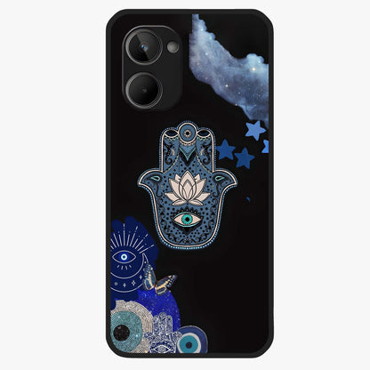 Mystic Hand Aura Glass Case showing flat back view with mystical hand symbol artwork and glossy glass finish.