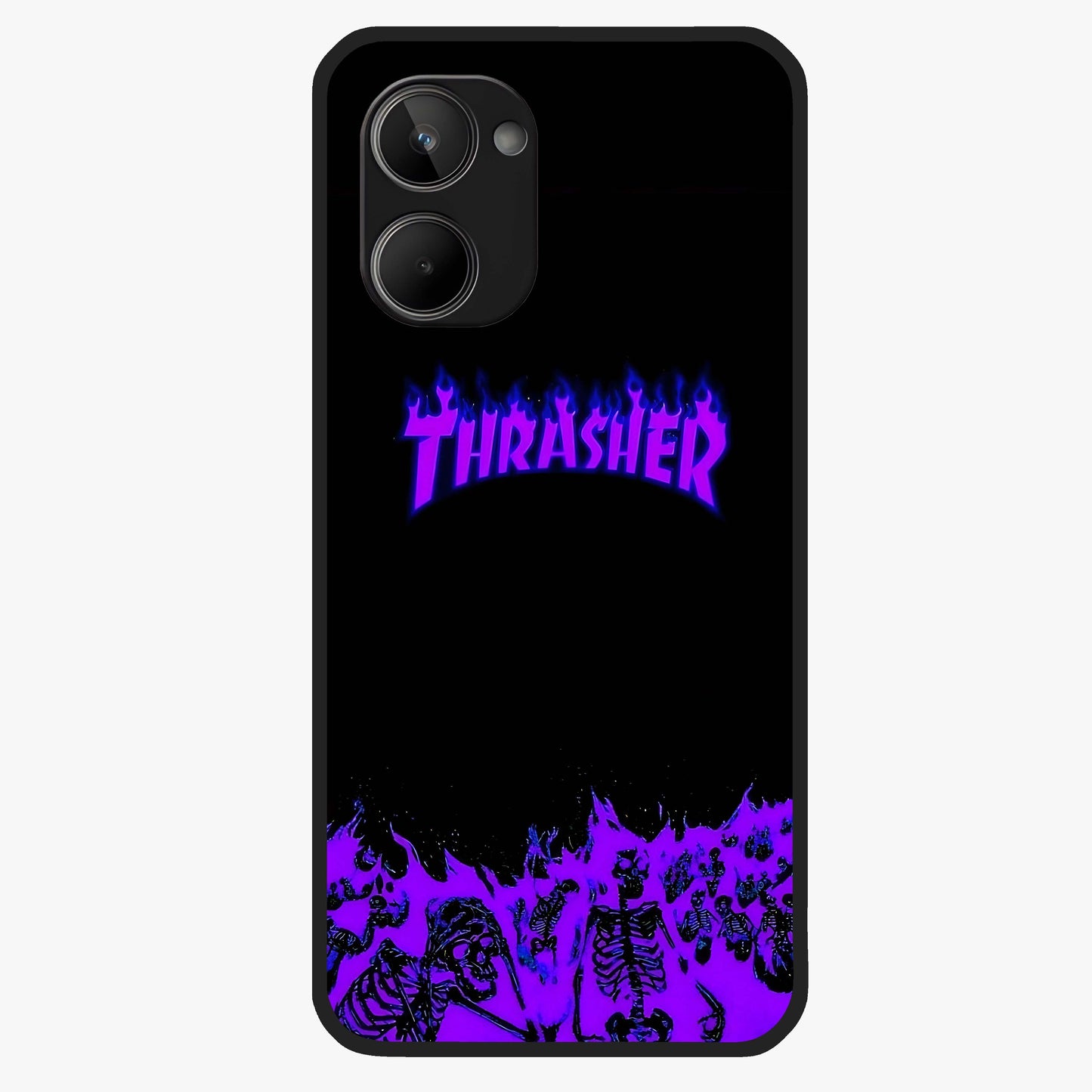 Neon Flame Riot Glass Case showing flat back view with neon flame artwork and glossy glass finish.