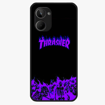Neon Flame Riot Glass Case showing flat back view with neon flame artwork and glossy glass finish.