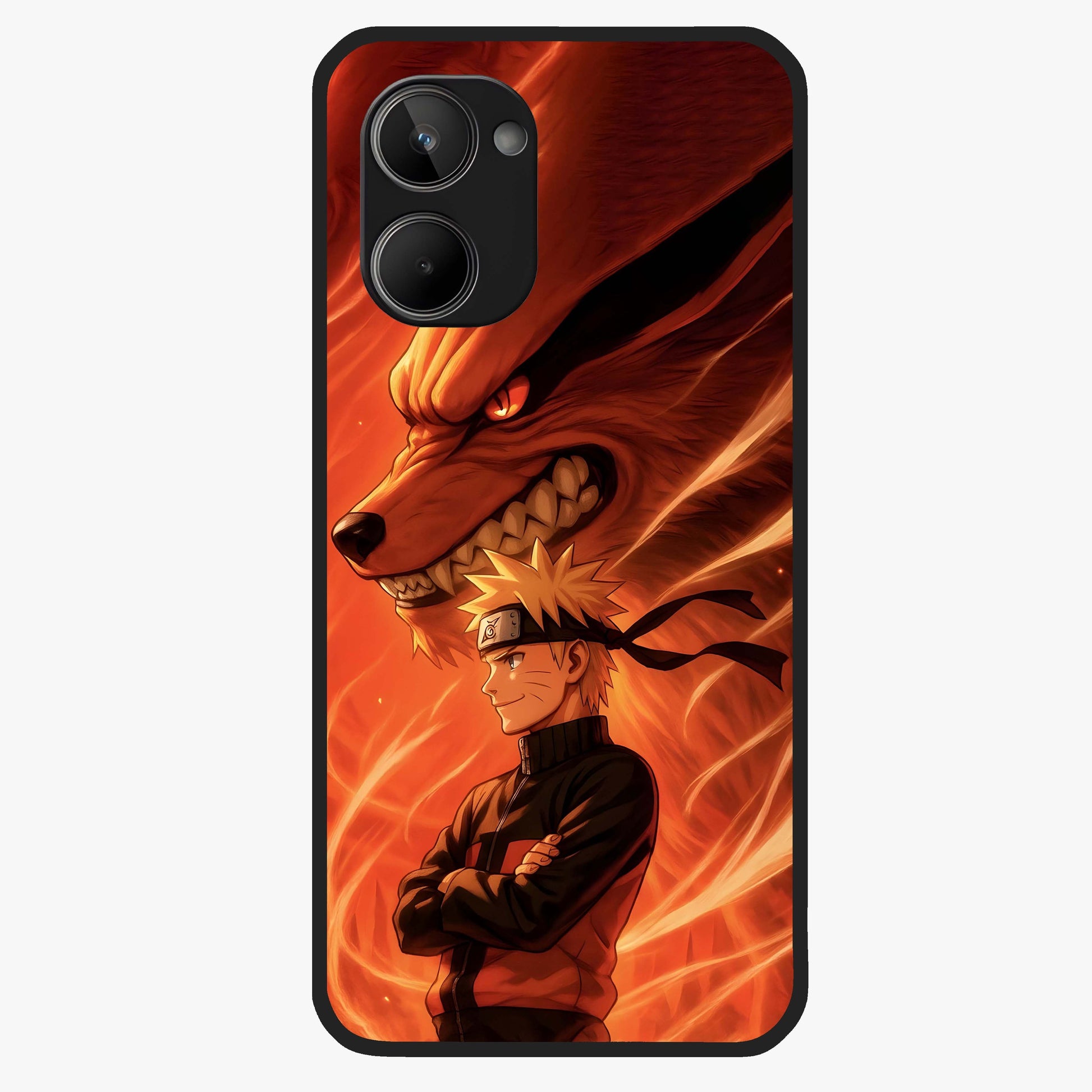 Nine Tails Legacy Glass Case showing flat back view with powerful nine-tailed fox inspired artwork and glossy glass finish.