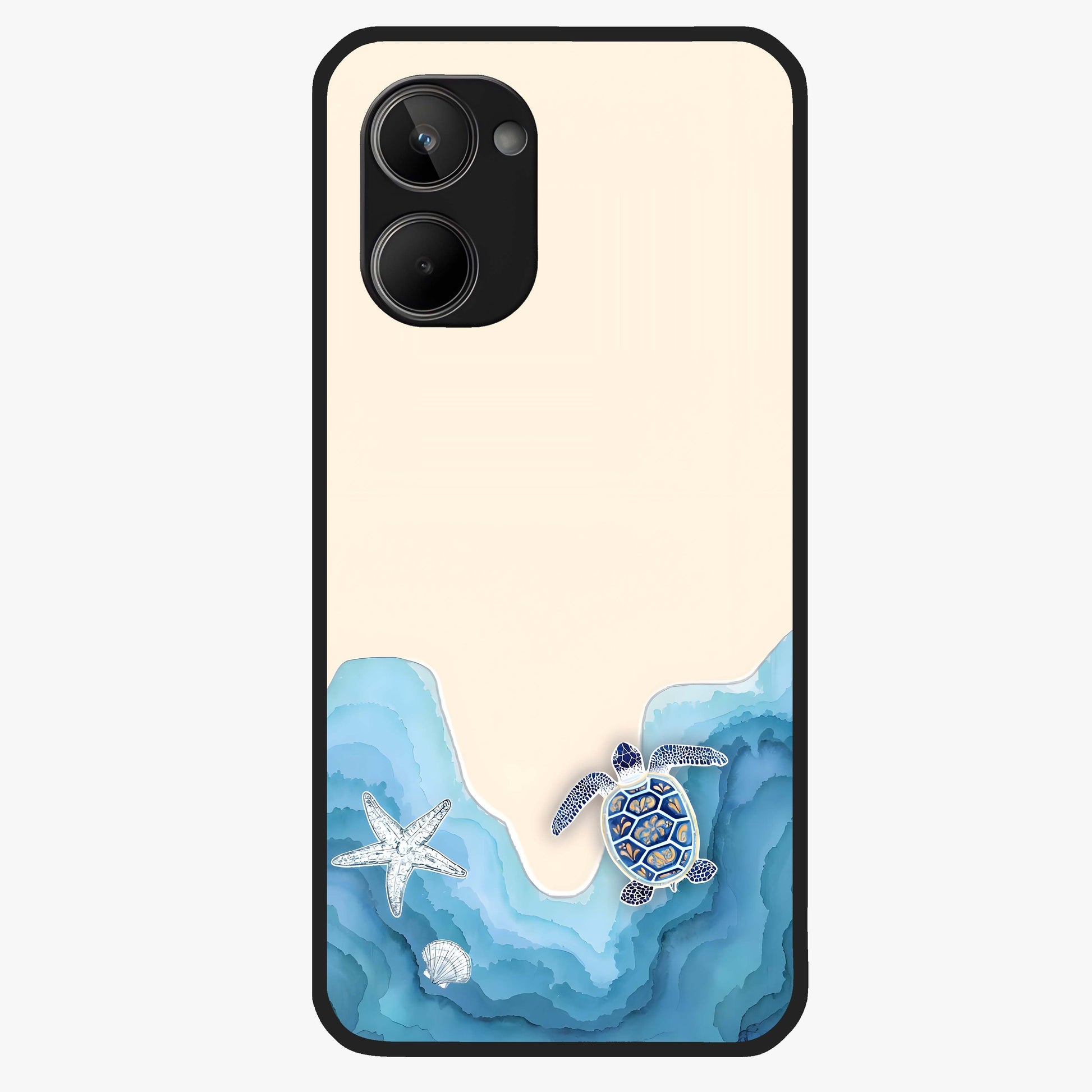 Ocean Drift Turtle Glass Case showing flat back view with sea turtle artwork and glossy glass finish.