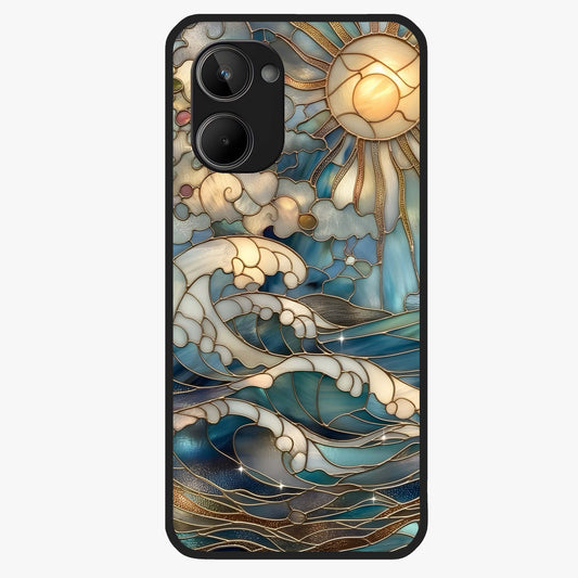 Oceanic Stained Printed Glass Case showing flat back view with ocean inspired stained pattern artwork and glossy glass finish.