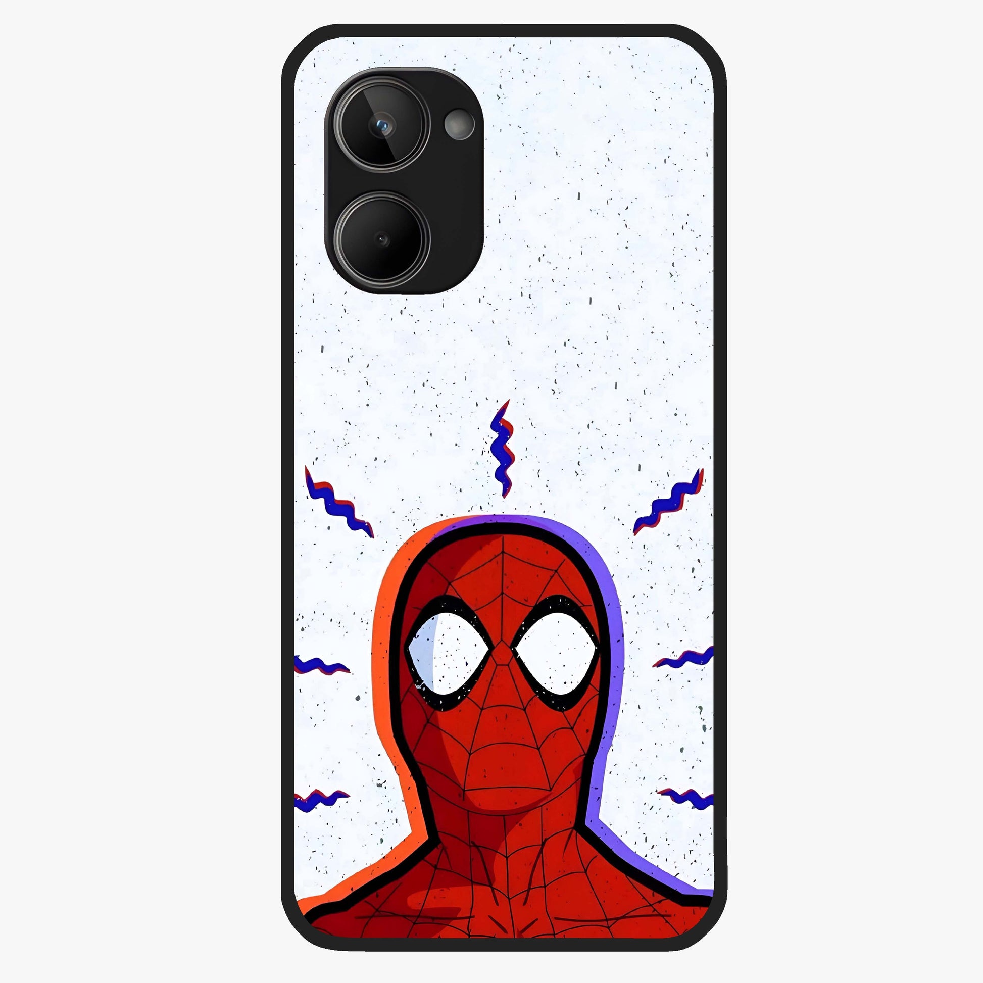 Omg Spiderman Glass Case showing flat back view with bold superhero inspired artwork and glossy glass finish.