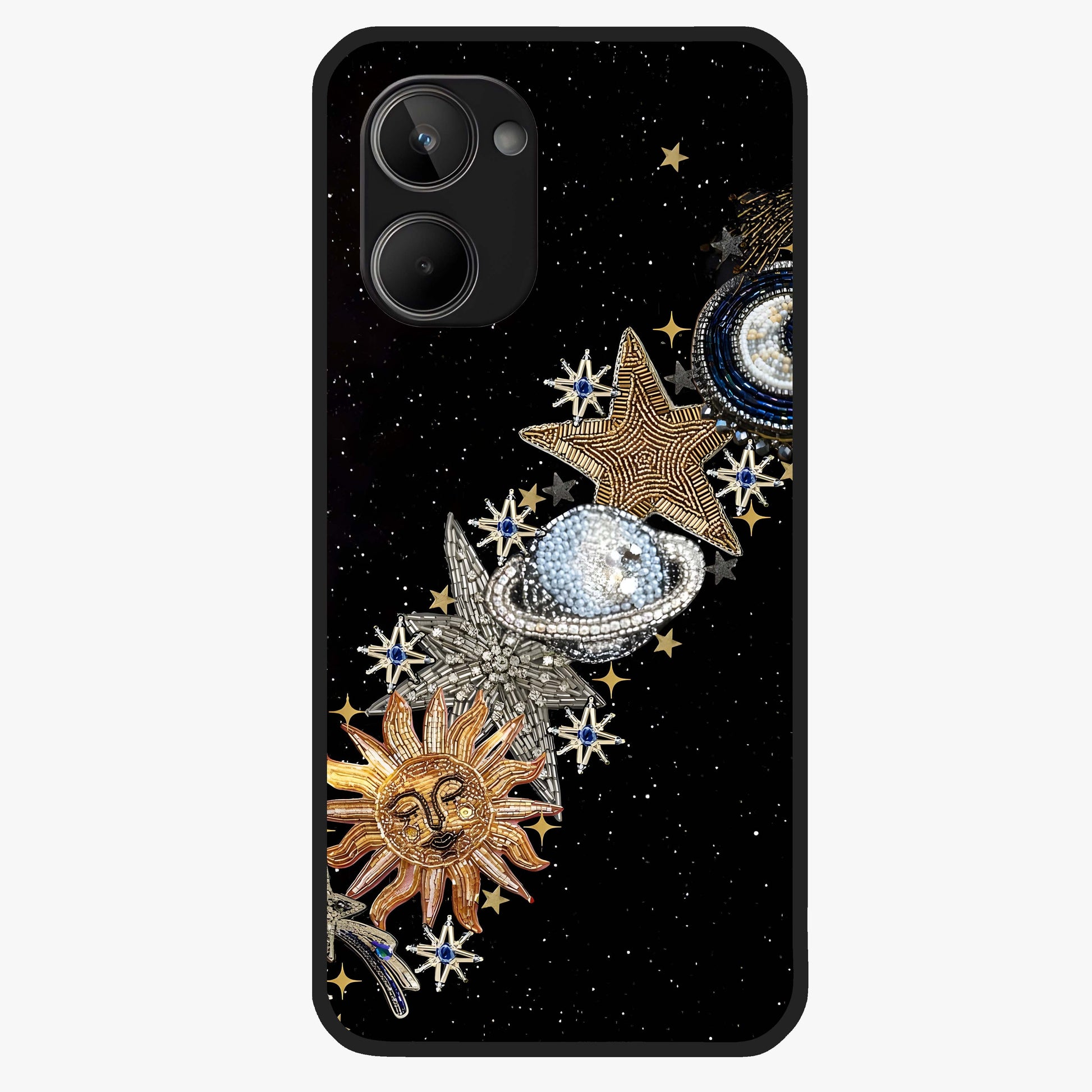Pearls Universe Object Glass Case showing flat back view with pearl inspired cosmic artwork and glossy glass finish.