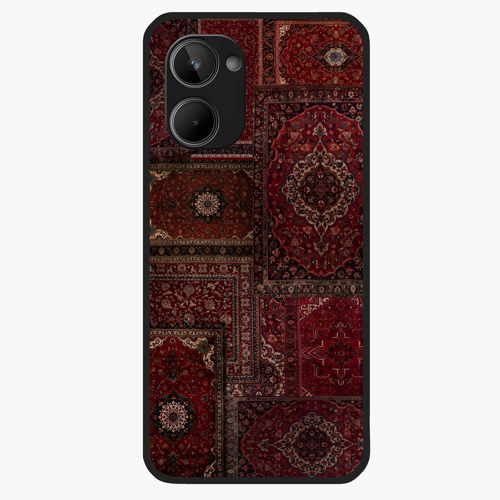 Persian Velvet Tale Glass Case showing flat back view with luxurious Persian velvet pattern artwork and glossy glass finish.