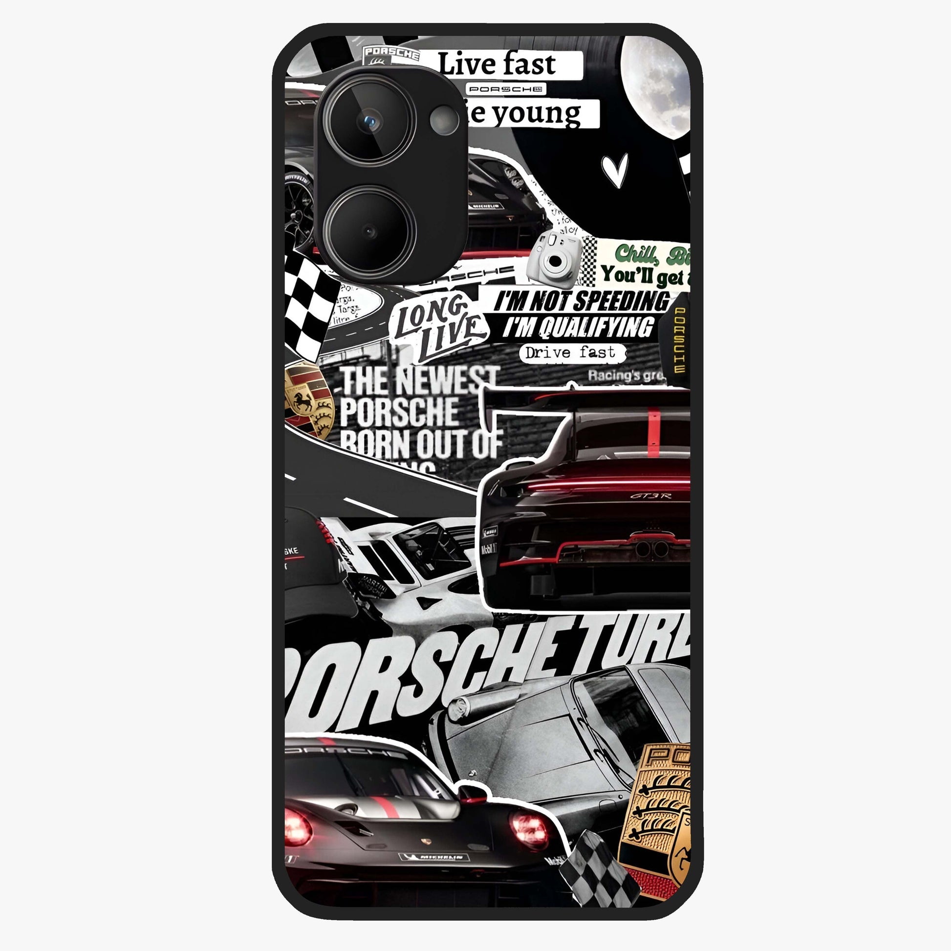Porsche Racing Collage Glass Case showing flat back view with sports car racing collage artwork and glossy glass finish.