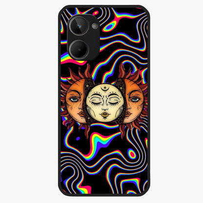 Psychedelic Sun Glass Case showing flat back view with colorful psychedelic sun artwork and glossy glass finish.