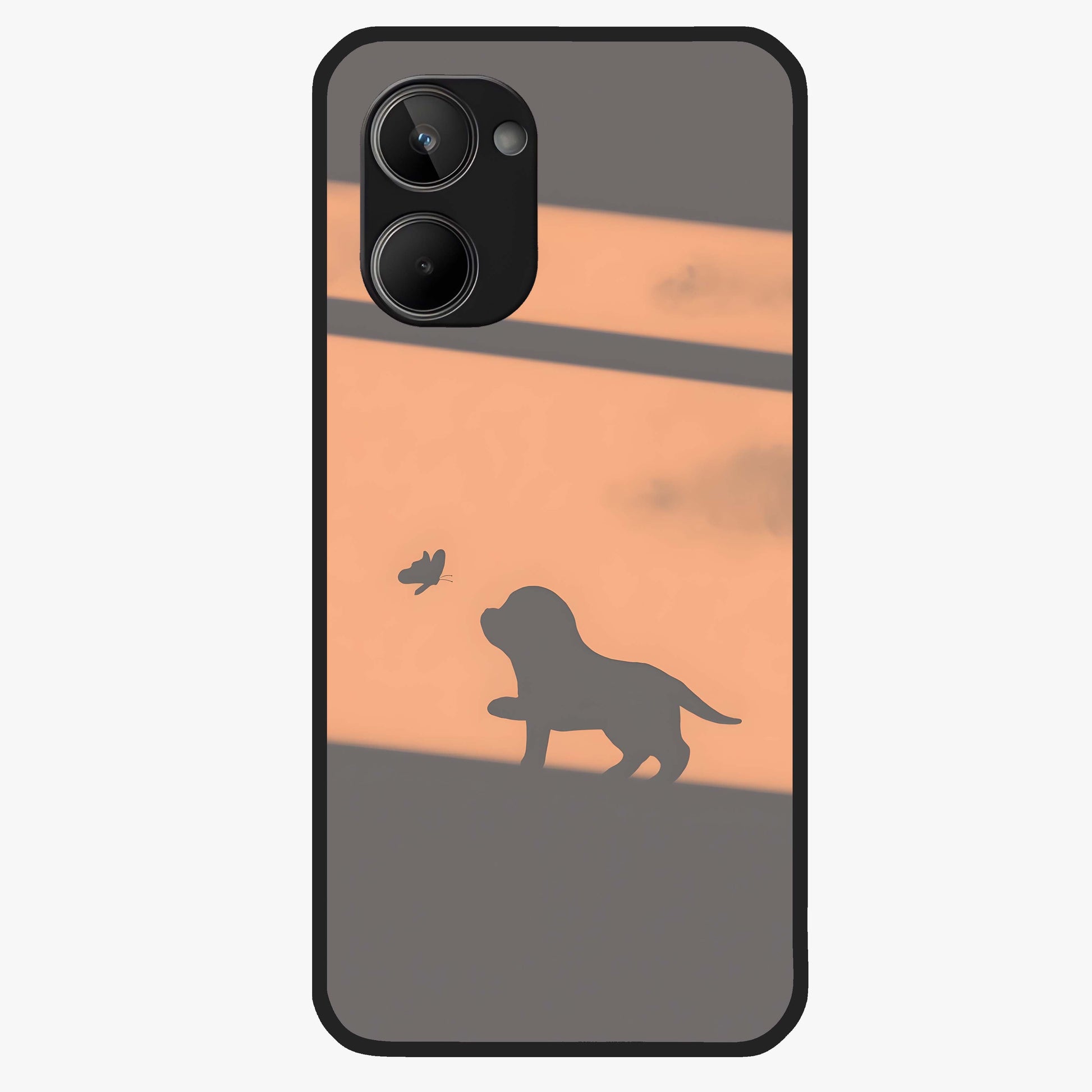 Puppy Shadow Art Glass Case showing flat back view with cute puppy shadow style artwork and glossy glass finish.
