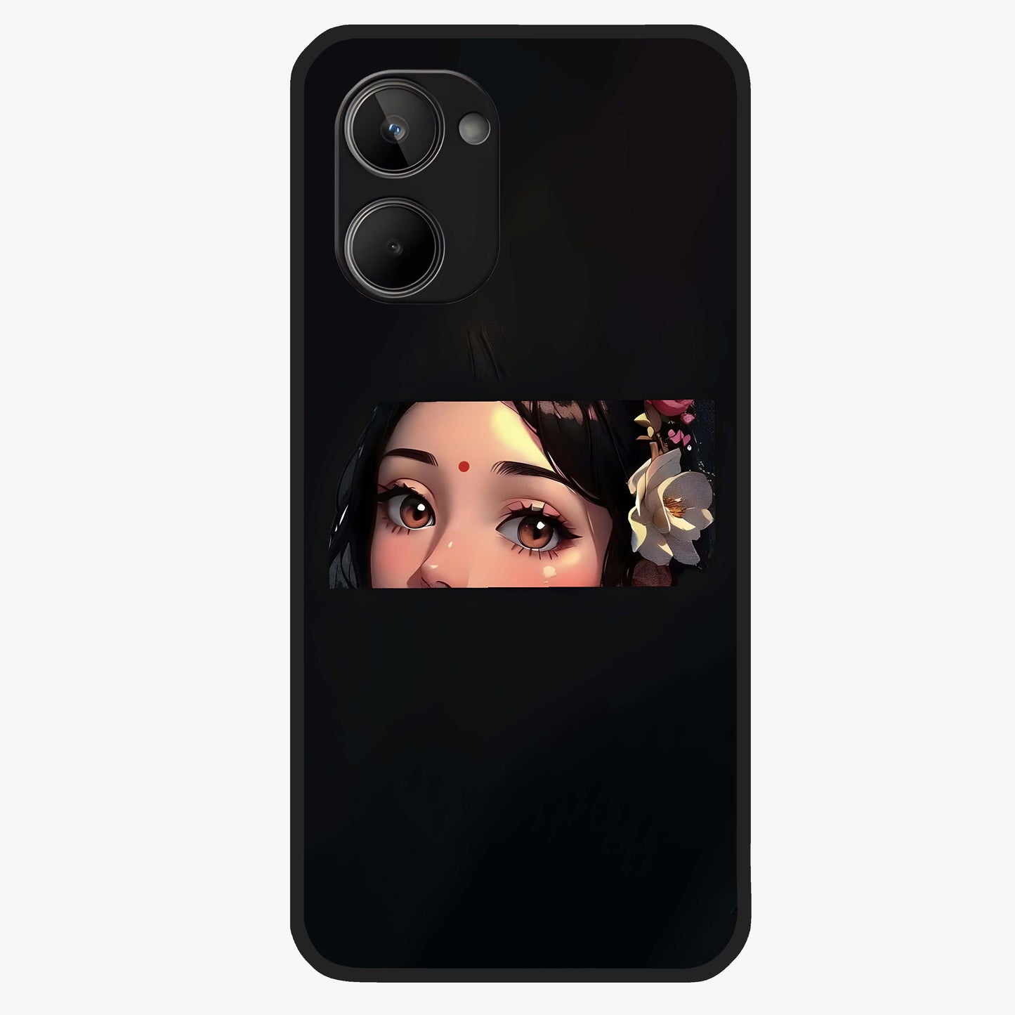 Radha Divine Embrace Glass Case showing flat back view with devotional Radha artwork and glossy glass finish.