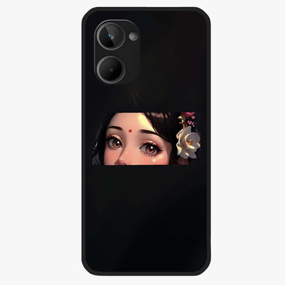 Radha Divine Embrace Glass Case showing flat back view with devotional Radha artwork and glossy glass finish.
