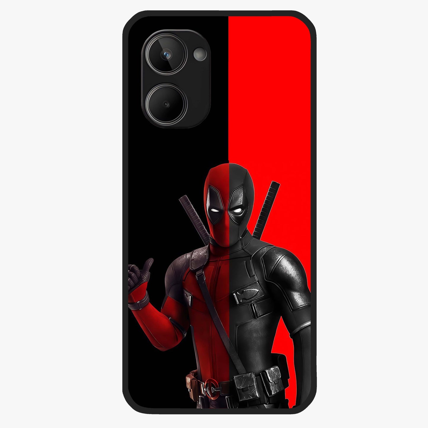 Red & Black Deadpool Theme Glass Case showing flat back view with bold comic inspired artwork and glossy glass finish.