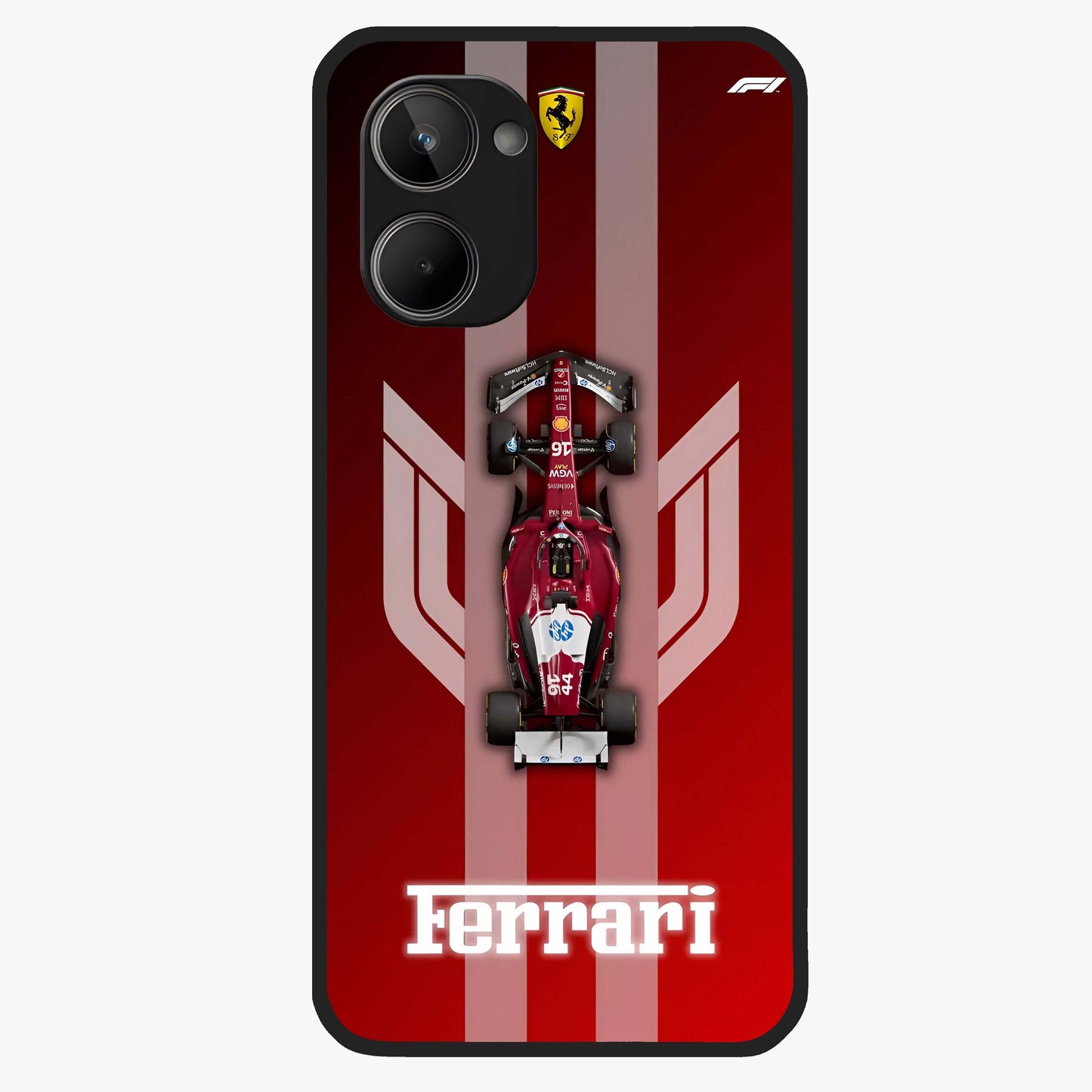 Red Ferrari F1 Vertical Glass Case showing flat back view with sleek Formula racing car artwork and glossy glass finish.