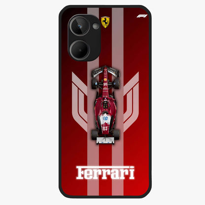 Red Ferrari F1 Vertical Glass Case showing flat back view with sleek Formula racing car artwork and glossy glass finish.