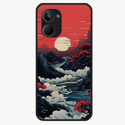 Red Sunset Scenery Glass Case showing flat back view with vibrant sunset landscape artwork and glossy glass finish.