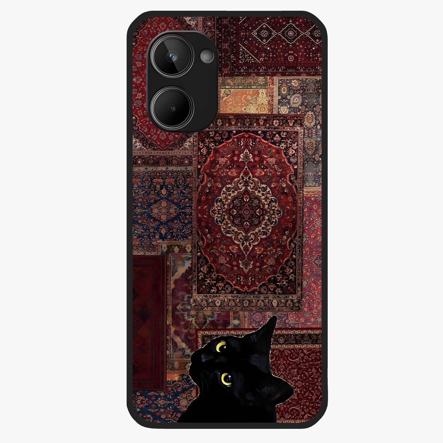 Regal Magic Cat Apple Glass Case showing flat back view with magical cat artwork holding apple and glossy glass finish.