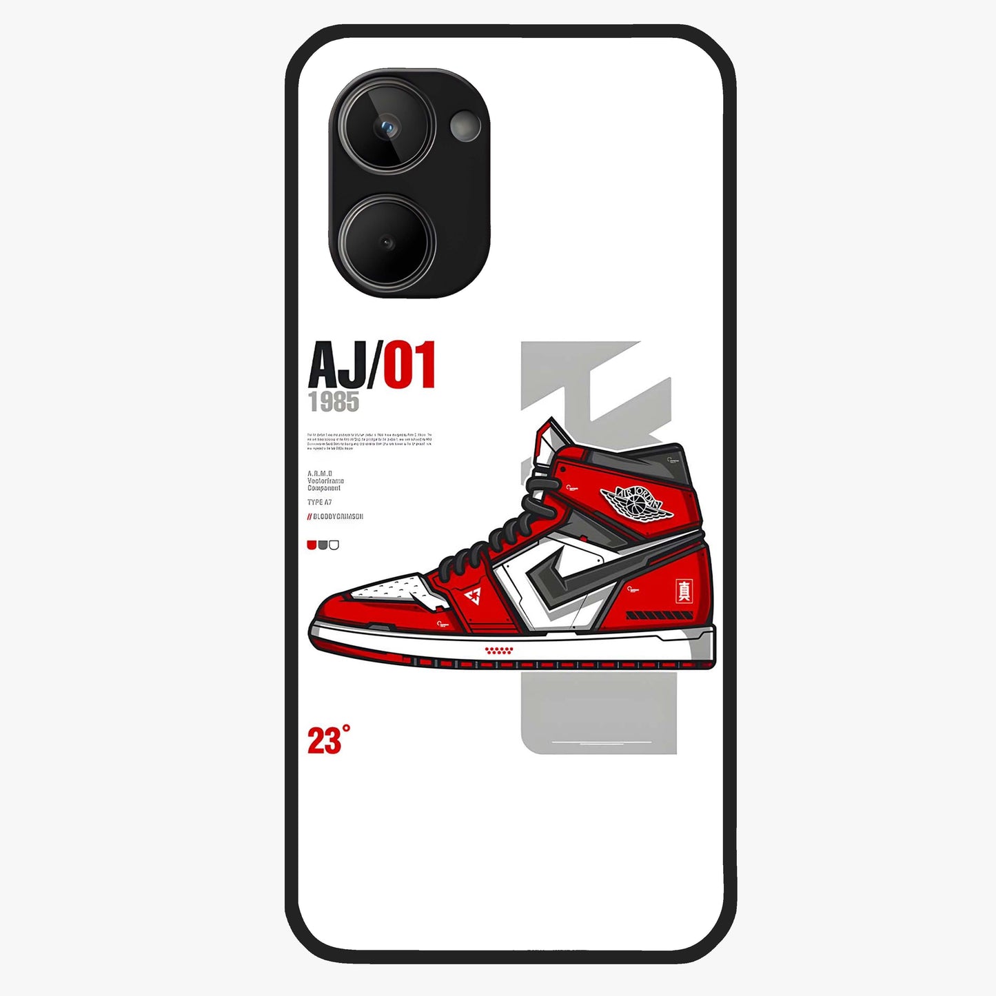 Retro Sneaker Blueprint Glass Case showing flat back view with sneaker blueprint style artwork and glossy glass finish.