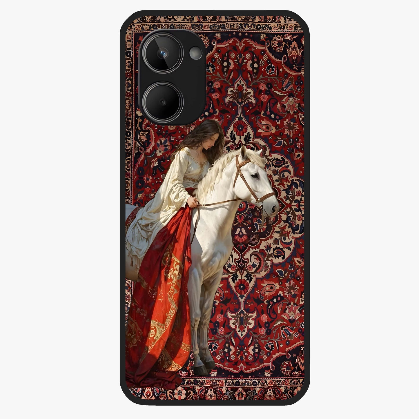 Royal Rider Tapestry Glass Case showing flat back view with majestic horse rider tapestry artwork and glossy glass finish.