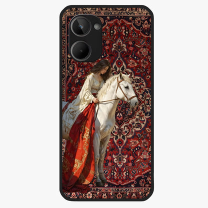 Royal Rider Tapestry Glass Case showing flat back view with majestic horse rider tapestry artwork and glossy glass finish.