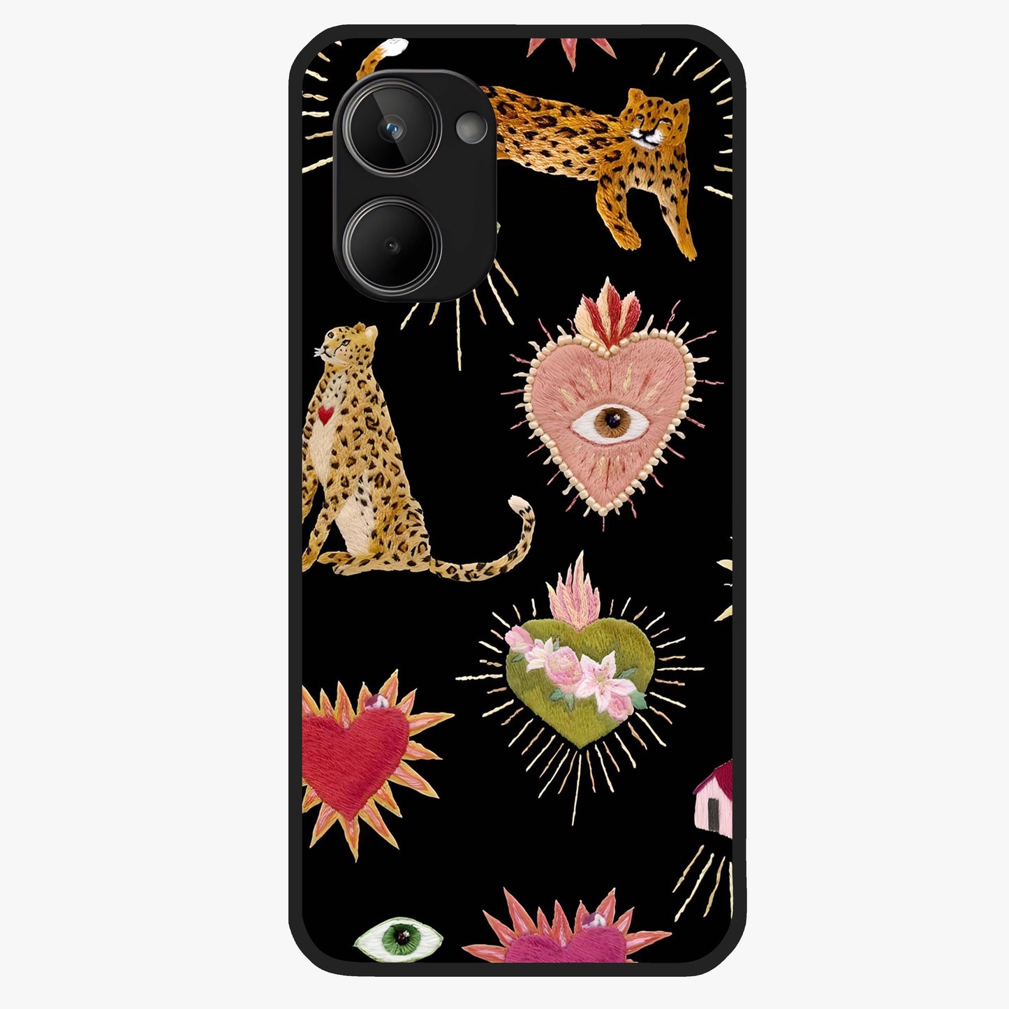 Sacred Jungle Heart Glass Case showing flat back view with jungle inspired heart artwork and glossy glass finish.