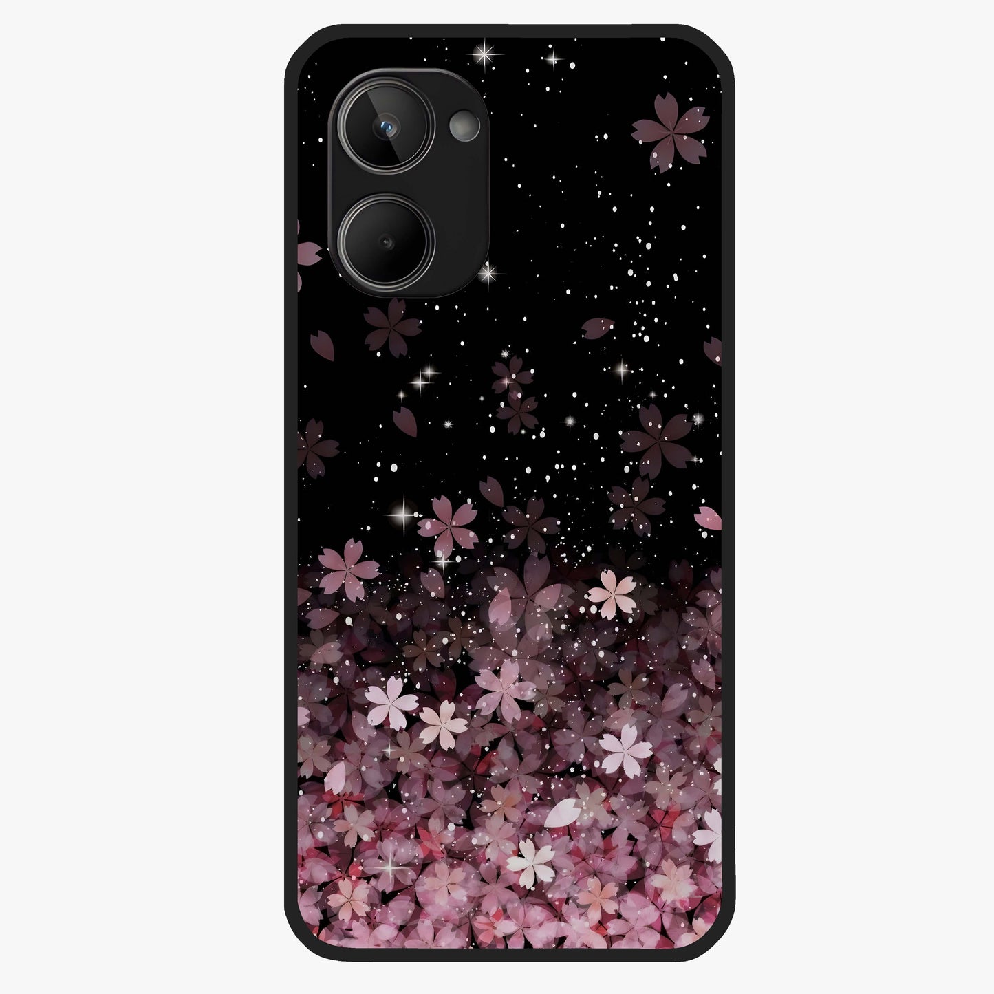 Small Starry Flowers Glass Case showing flat back view with delicate starry floral artwork and glossy glass finish.