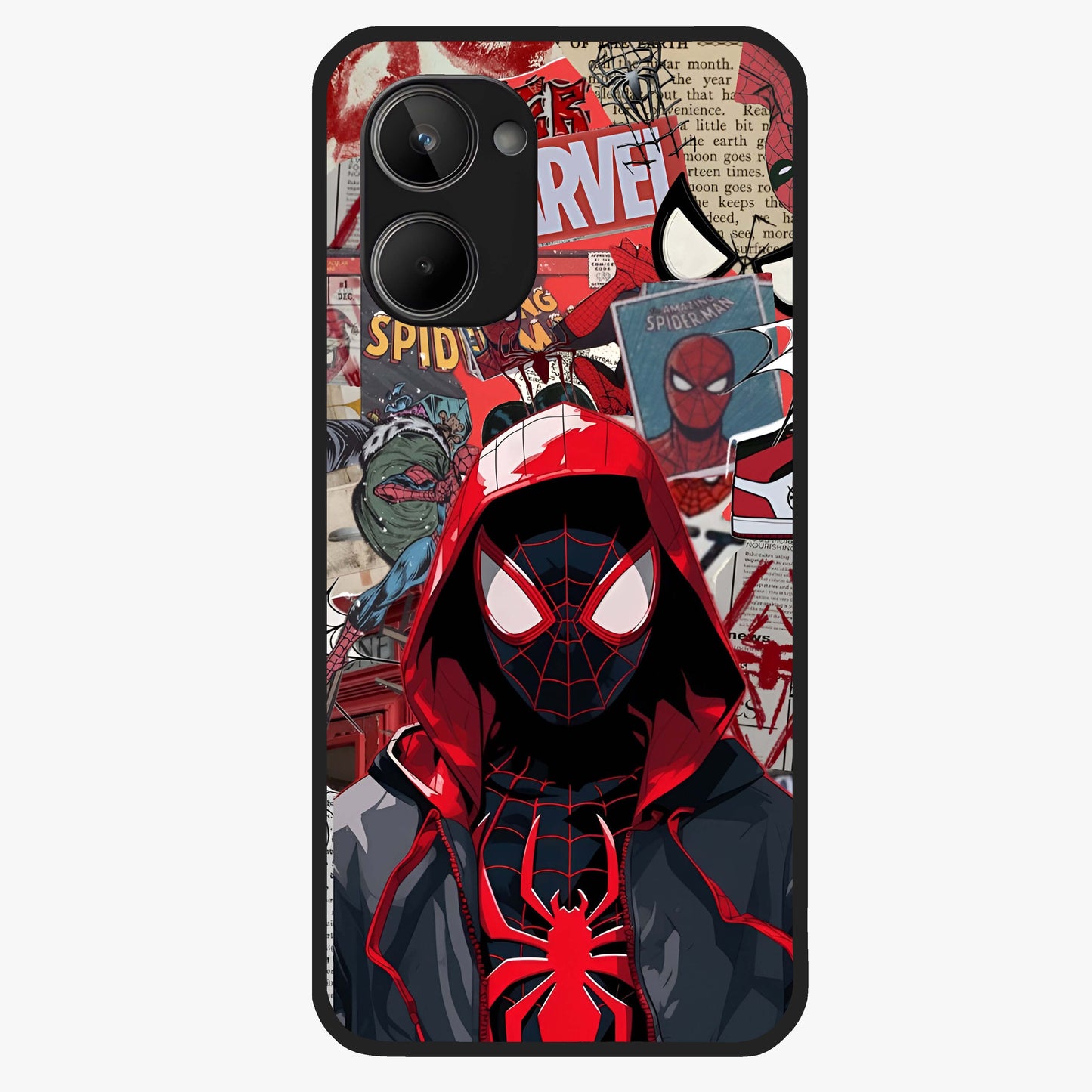Spider Collage Street Glass Case showing flat back view with vibrant superhero collage artwork and glossy glass finish.