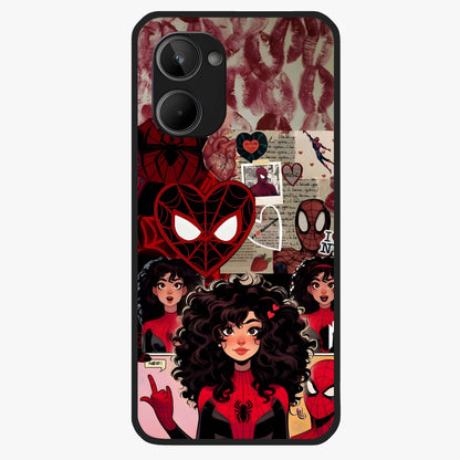 Spider Love Story Glass Case showing flat back view with romantic superhero themed artwork and glossy glass finish.