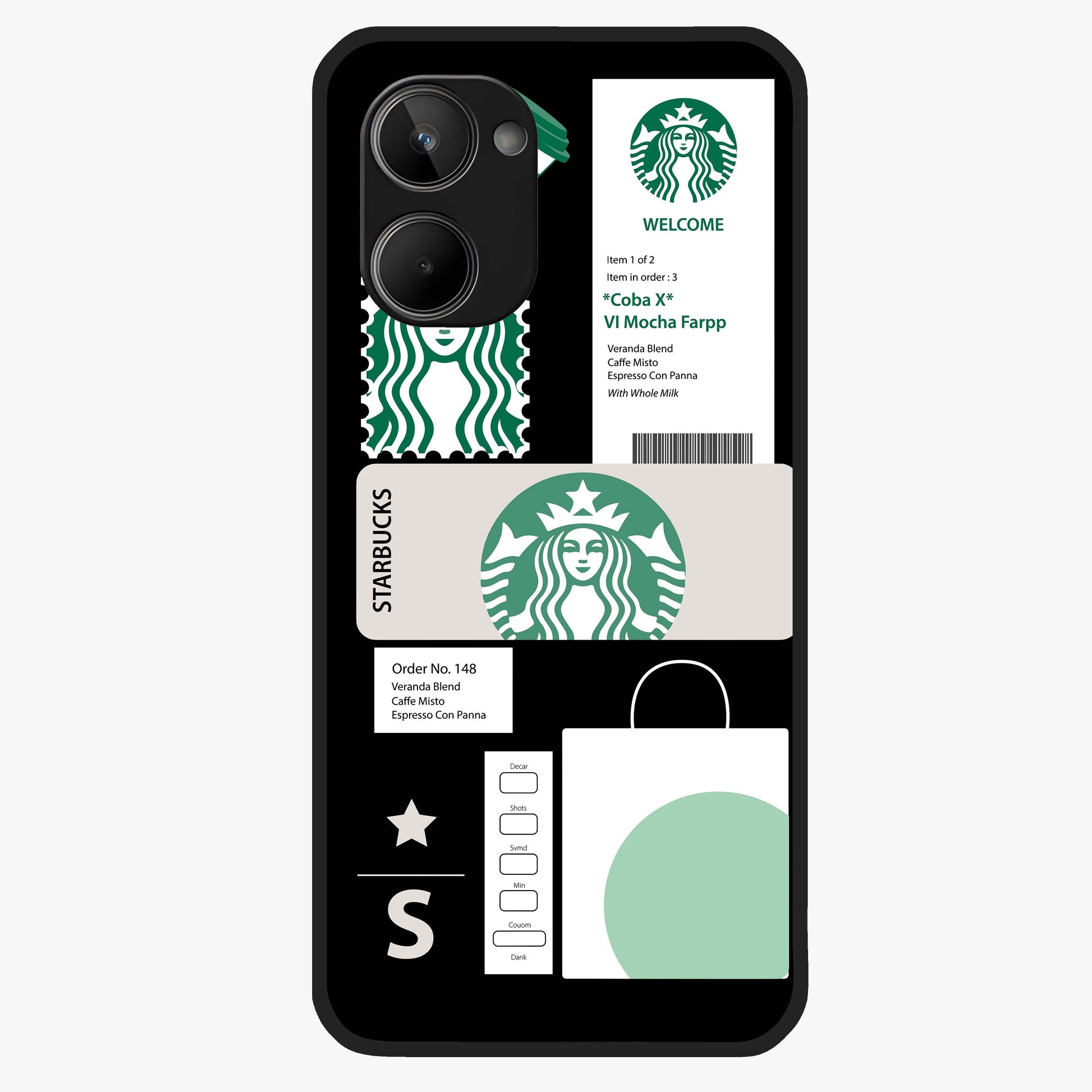 Starbucks Mocha Glass Case showing flat back view with coffee inspired artwork and glossy glass finish.